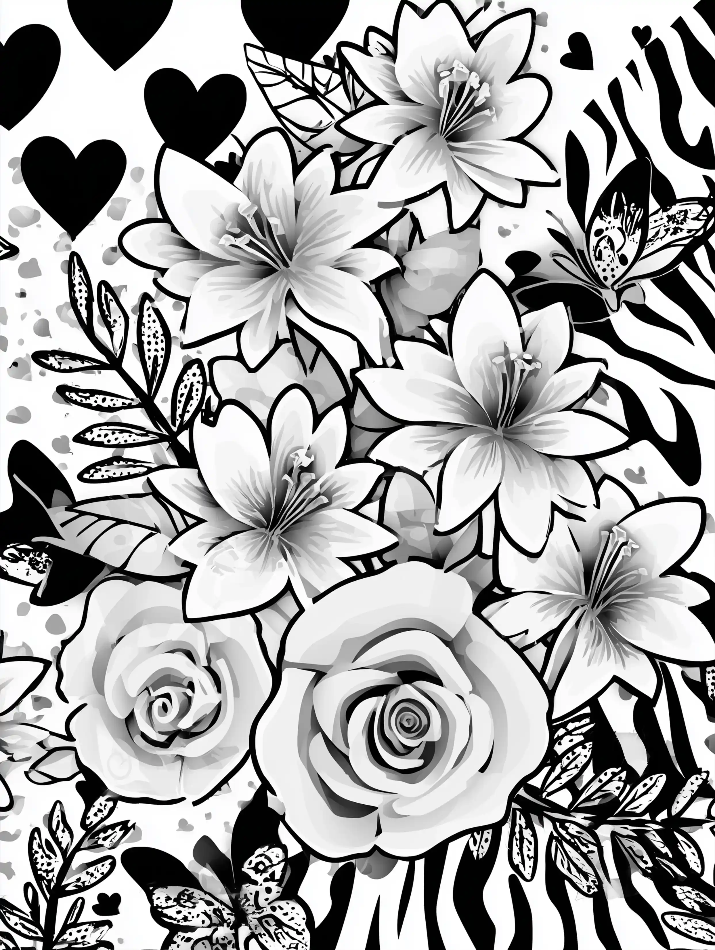 Free printable coloring pages floral featuring flowers with a zebra patterned background